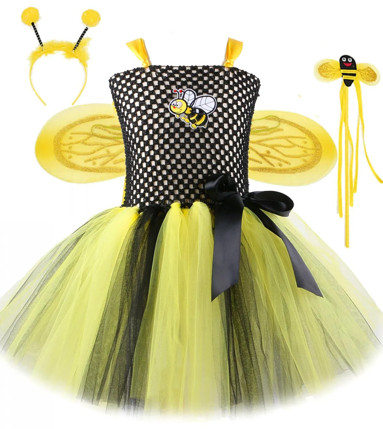 Bumble Bee Tutu Dress For Baby Girls Birthday Outfit Costume di Halloween per bambini Honeybee Cosplay Abiti con ala Headb