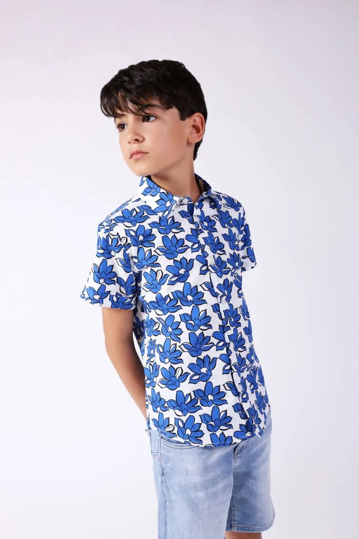 Camicia bambino in puro cotone fantasia floreale bicolor