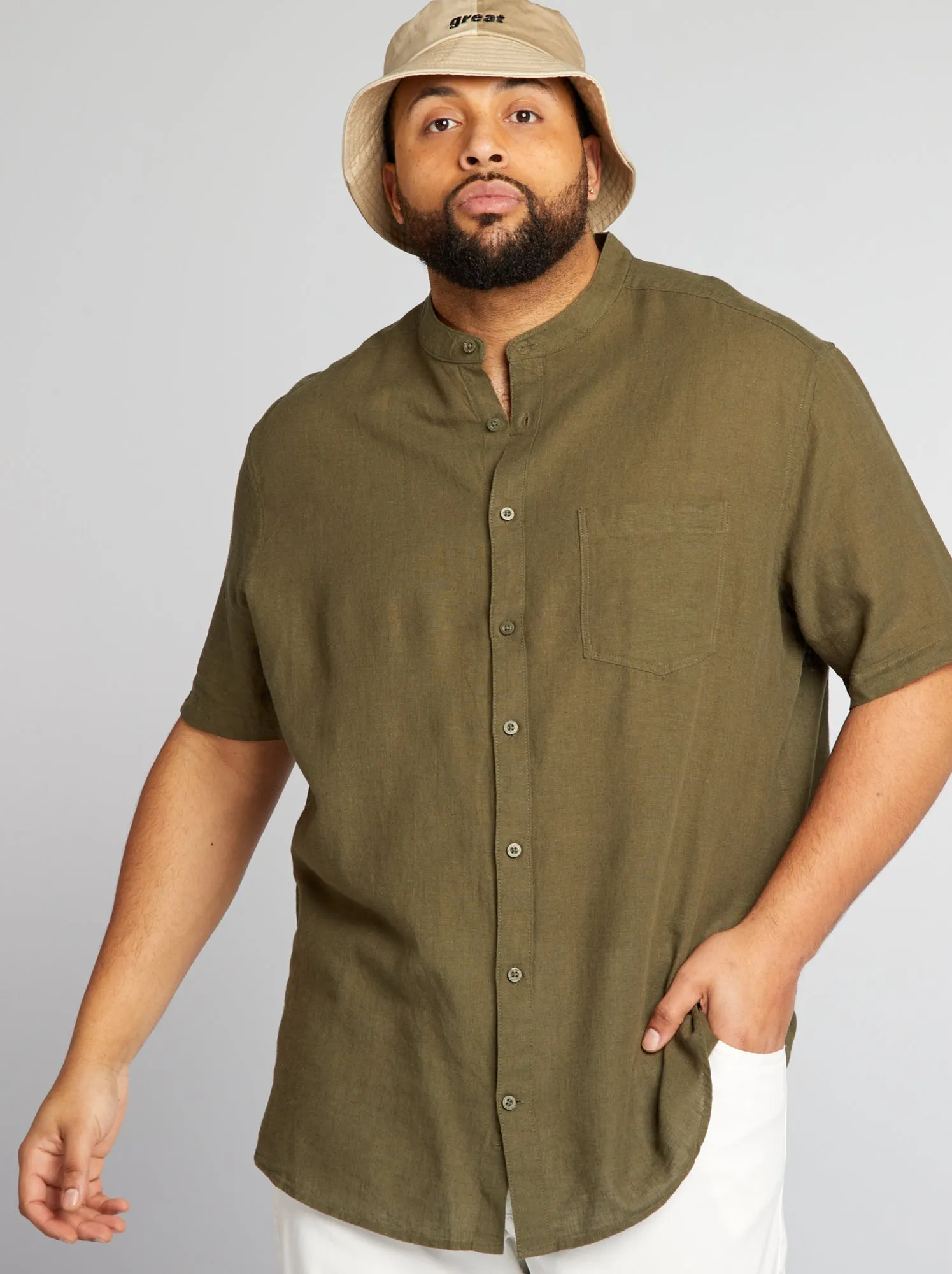 Camicia con collo alla coreana - KAKI