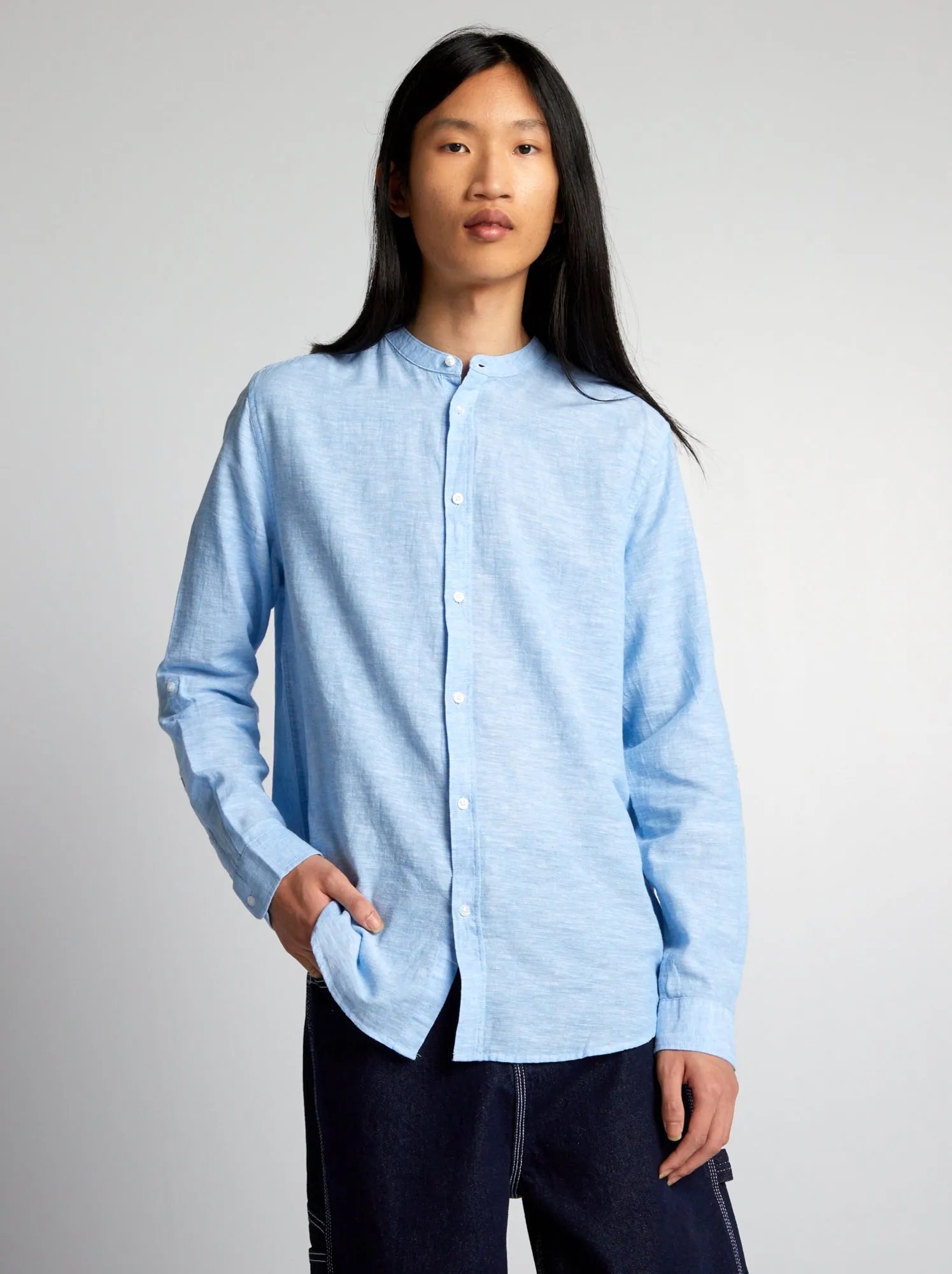 Camicia con collo alla coreana tinta unita - BLU