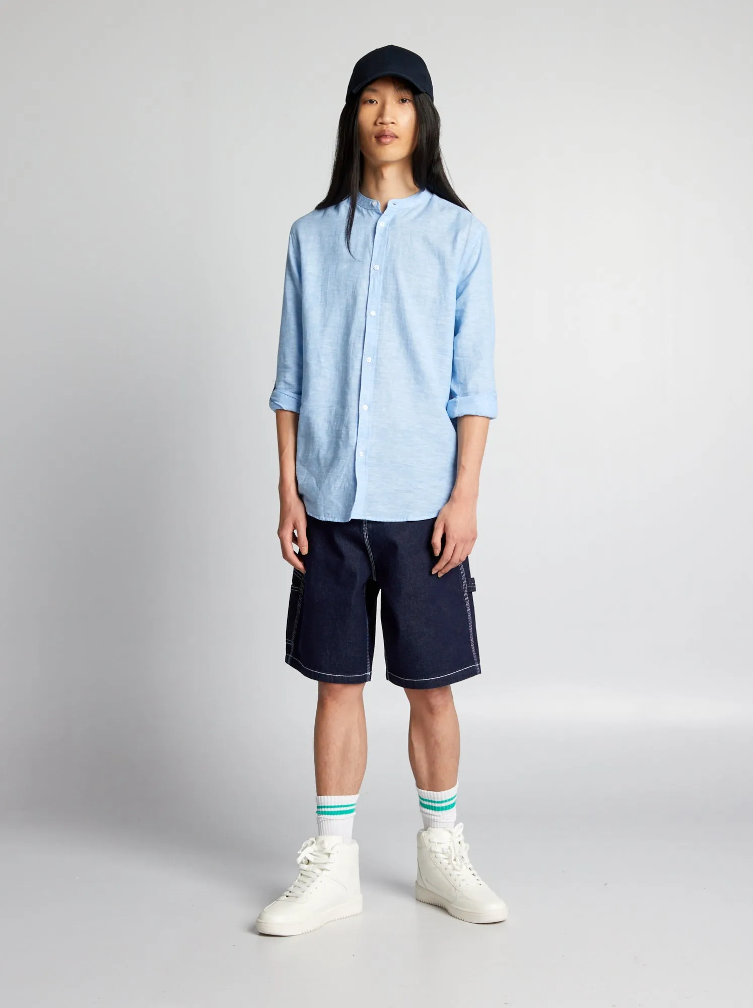 Camicia con collo alla coreana tinta unita - BLU