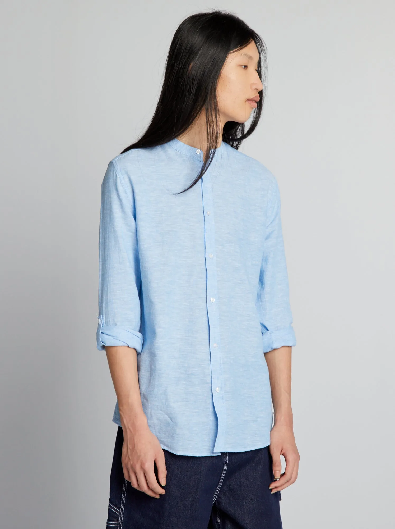 Camicia con collo alla coreana tinta unita - BLU