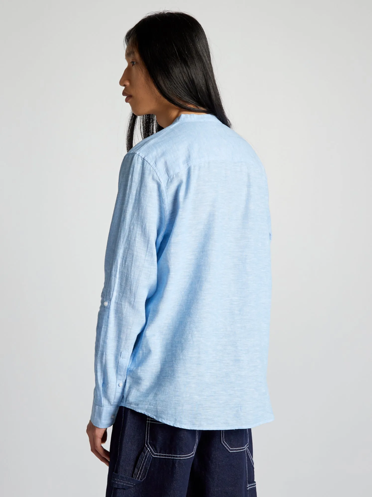 Camicia con collo alla coreana tinta unita - BLU