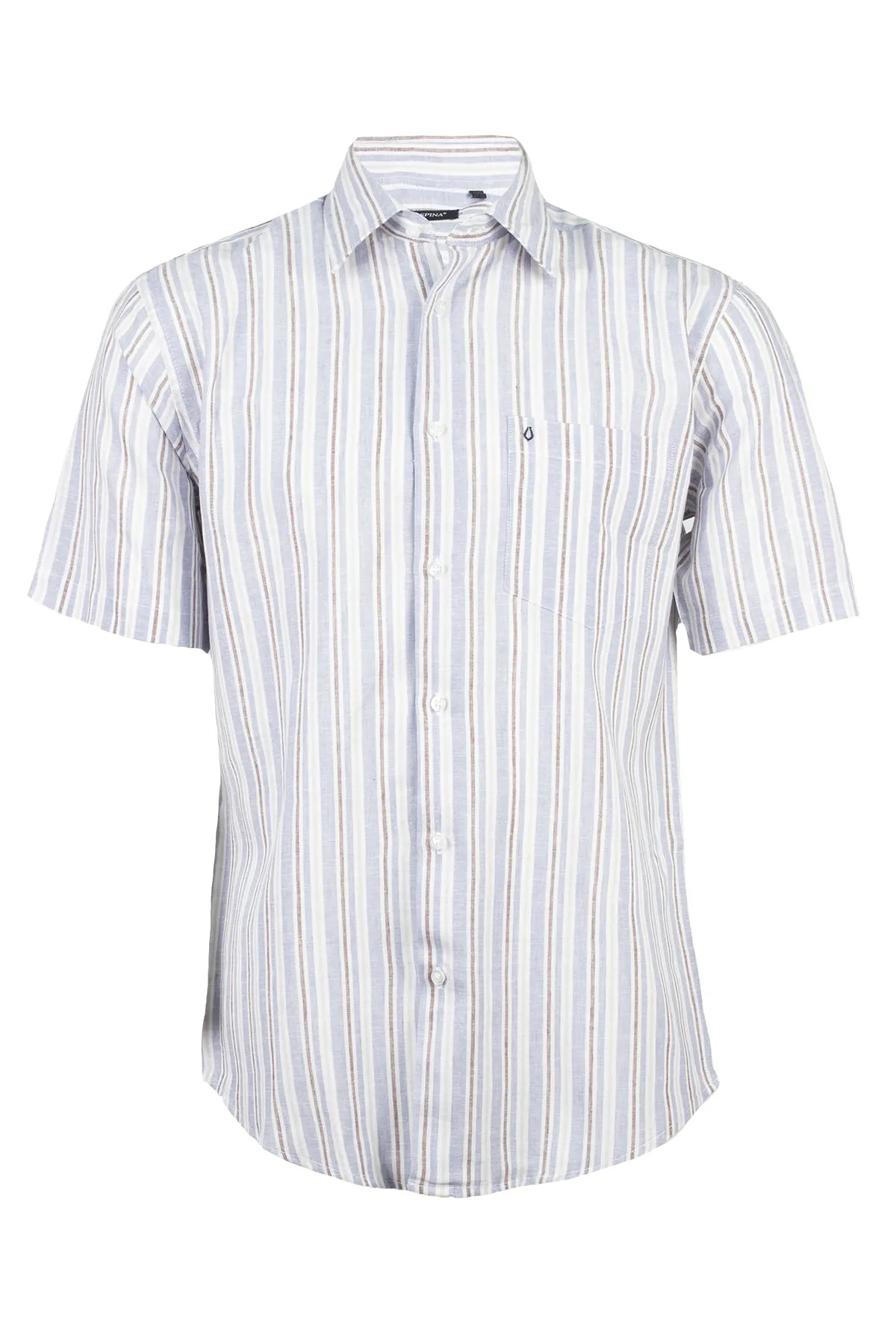 Camicia da uomo in misto lino mezza manica con righe cielo e marrone