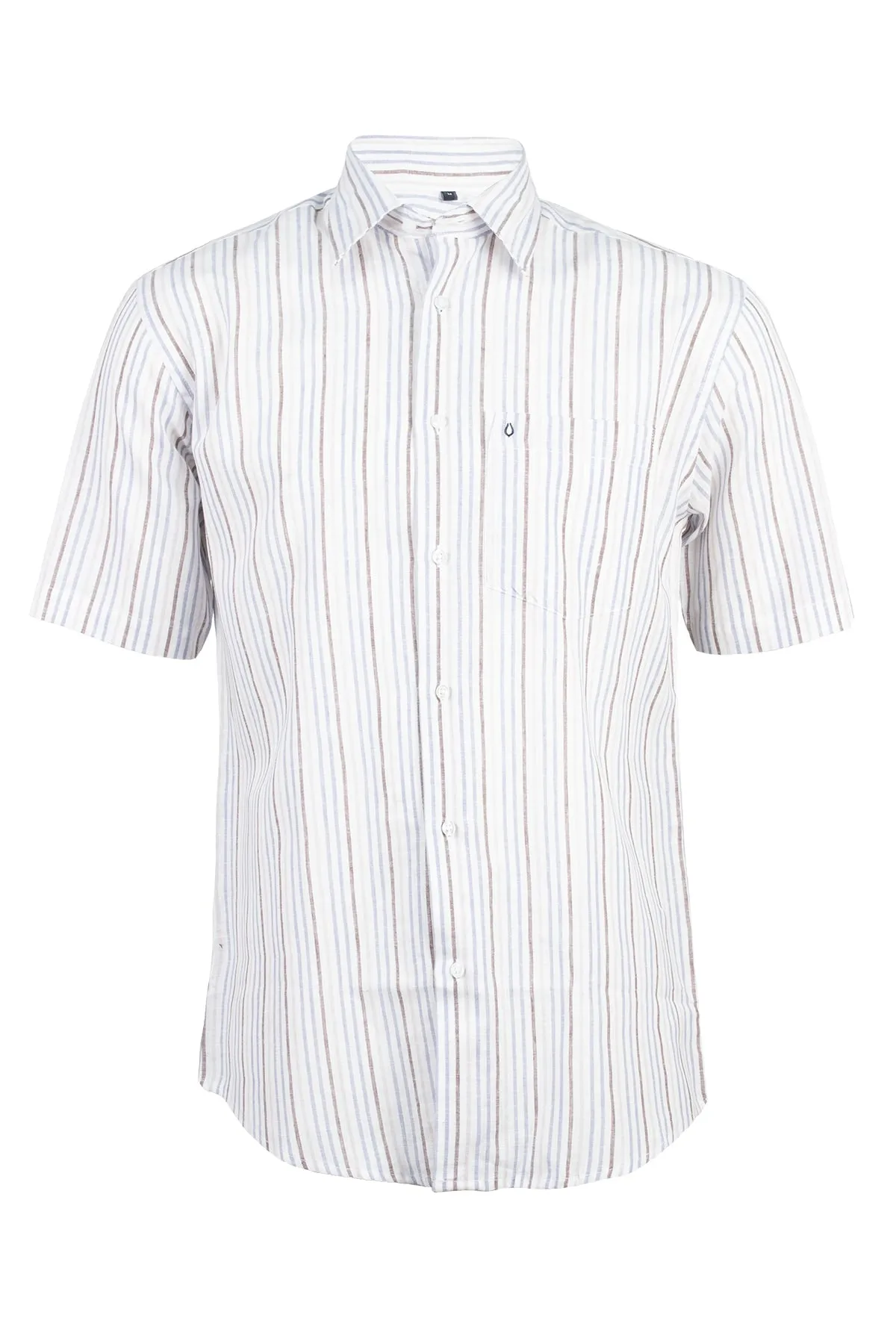 Camicia da uomo in misto lino mezza manica con righe cielo e marrone
