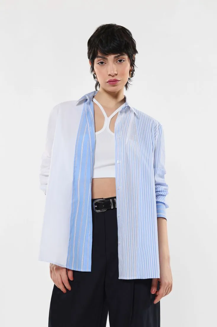 Camicia in cotone fantasia rigata con orlo asimmetrico