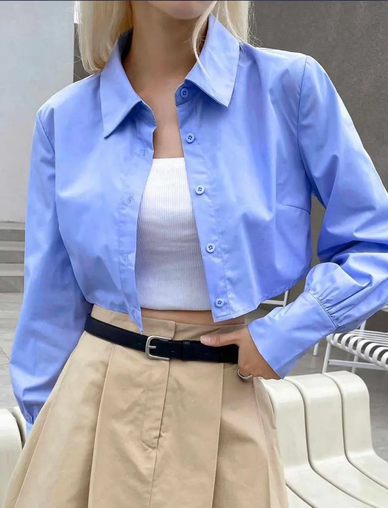 Camicia Mini Top Bavero Risvolto Maniche Lunghe Trendy