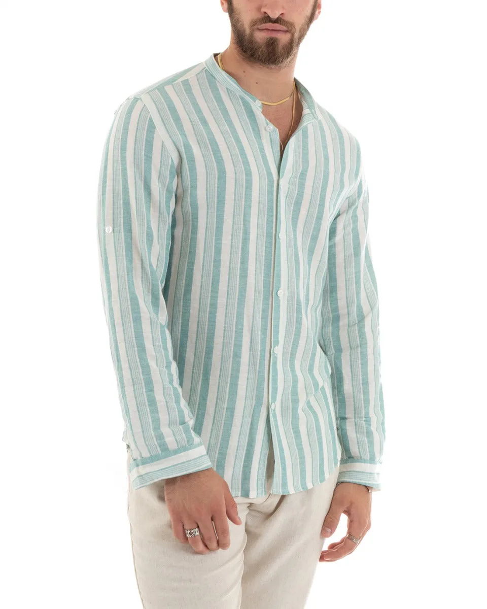 Camicia Uomo Collo Coreano Manica Lunga Lino Rigata Verde Acqua GIOSAL-C2708A