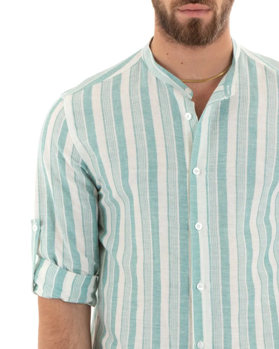Camicia Uomo Collo Coreano Manica Lunga Lino Rigata Verde Acqua GIOSAL-C2708A