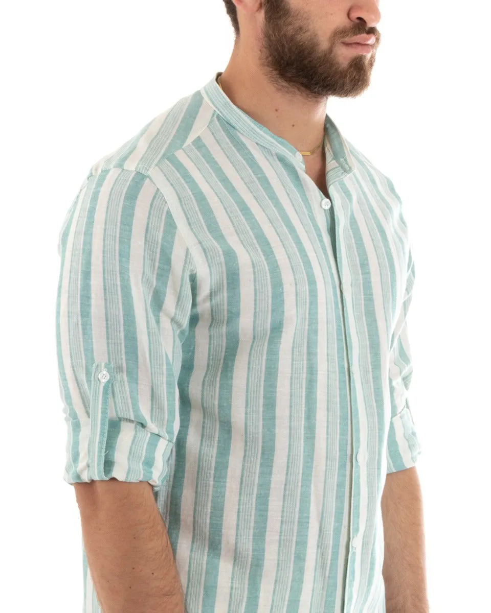 Camicia Uomo Collo Coreano Manica Lunga Lino Rigata Verde Acqua GIOSAL-C2708A