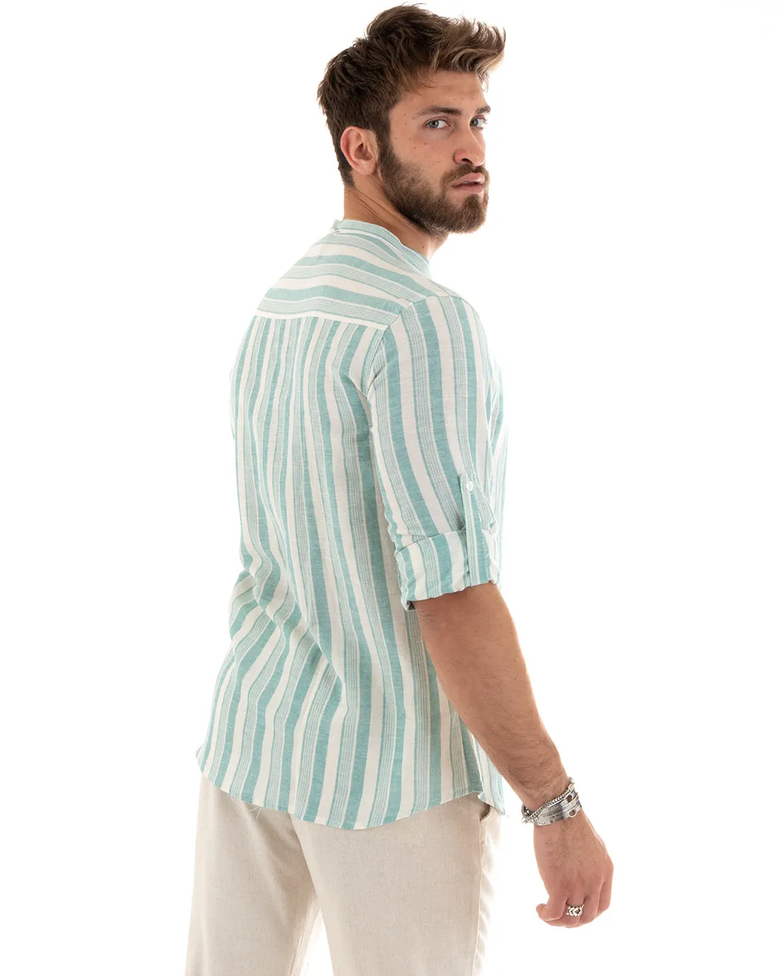 Camicia Uomo Collo Coreano Manica Lunga Lino Rigata Verde Acqua GIOSAL-C2708A