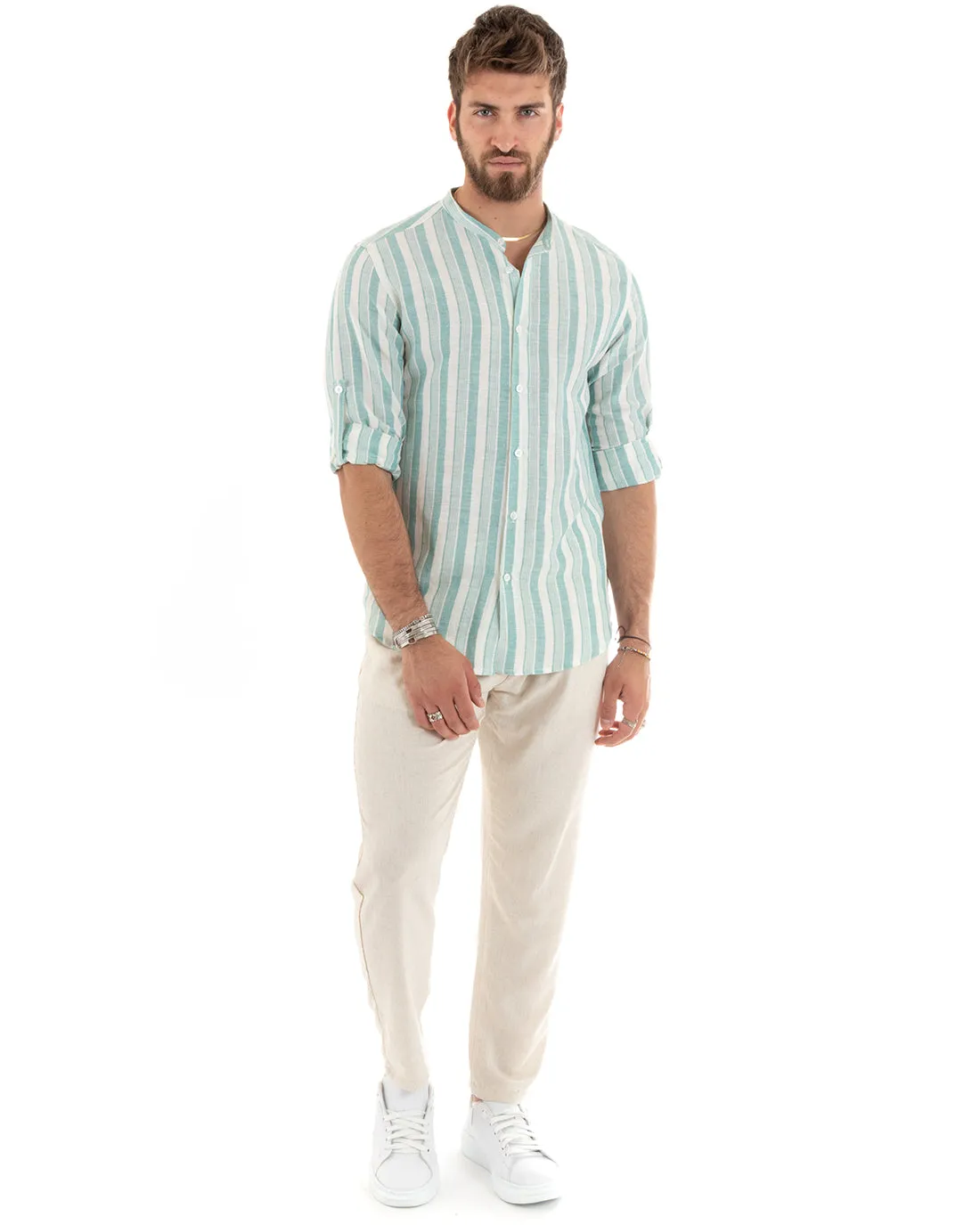 Camicia Uomo Collo Coreano Manica Lunga Lino Rigata Verde Acqua GIOSAL-C2708A