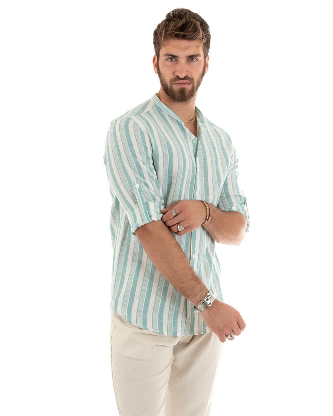Camicia Uomo Collo Coreano Manica Lunga Lino Rigata Verde Acqua GIOSAL-C2708A