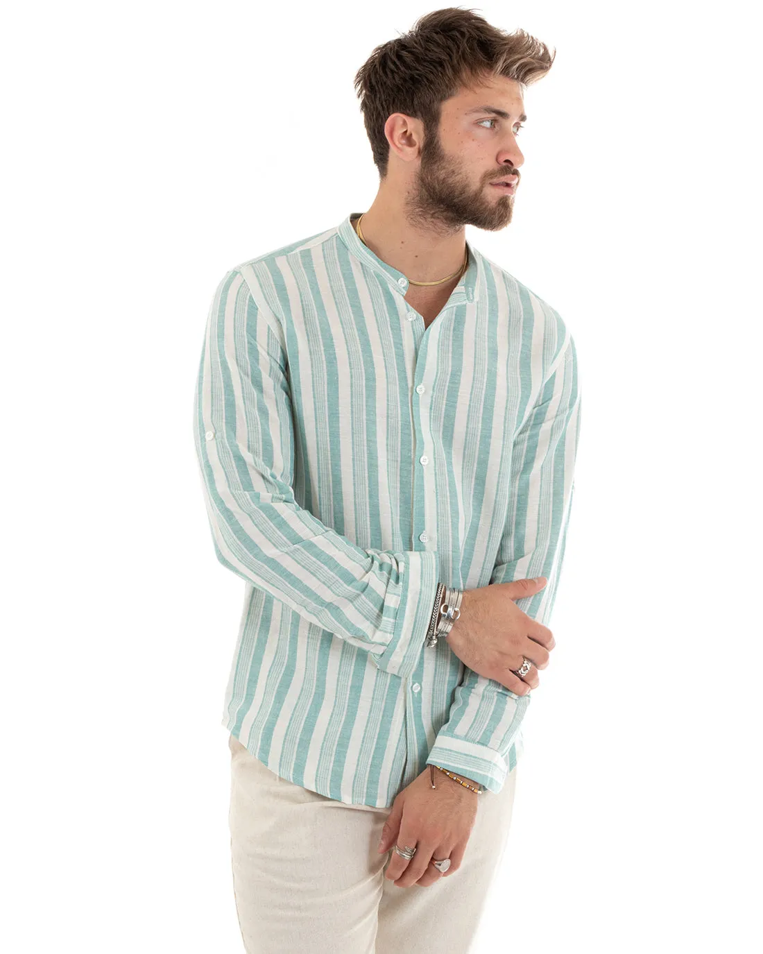 Camicia Uomo Collo Coreano Manica Lunga Lino Rigata Verde Acqua GIOSAL-C2708A