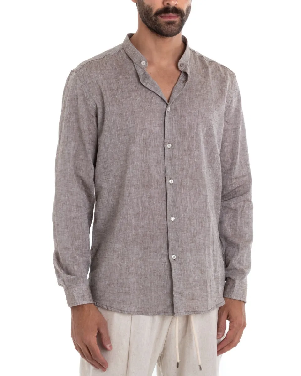 Camicia Uomo Collo Coreano Manica Lunga Regular Fit Lino Melangiata Sartoriale Fango GIOSAL-C2390A
