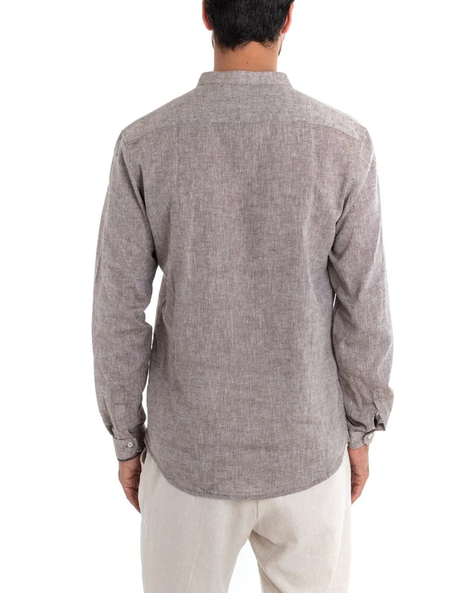 Camicia Uomo Collo Coreano Manica Lunga Regular Fit Lino Melangiata Sartoriale Fango GIOSAL-C2390A