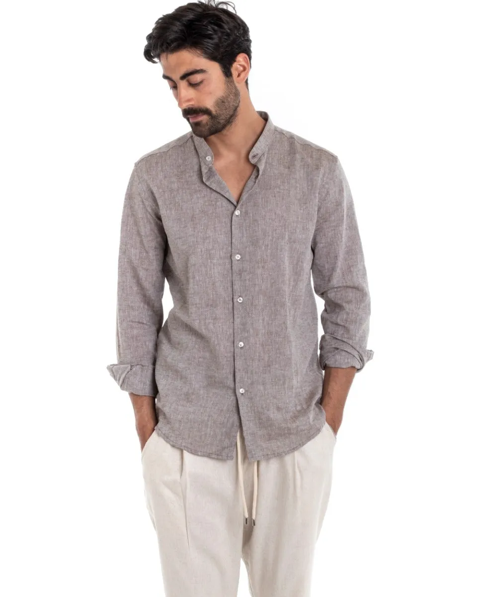 Camicia Uomo Collo Coreano Manica Lunga Regular Fit Lino Melangiata Sartoriale Fango GIOSAL-C2390A