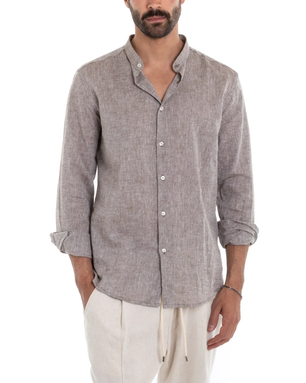 Camicia Uomo Collo Coreano Manica Lunga Regular Fit Lino Melangiata Sartoriale Fango GIOSAL-C2390A