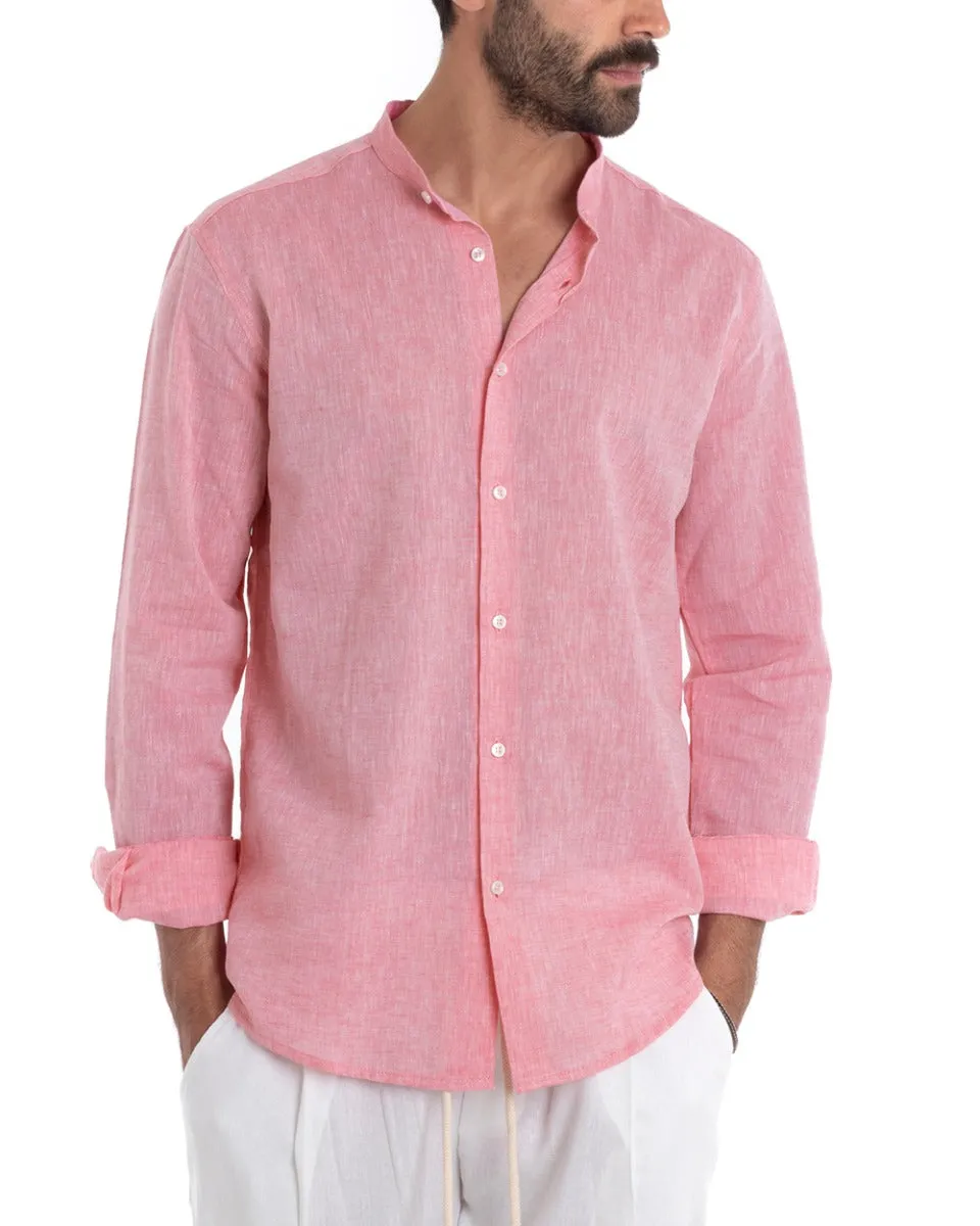 Camicia Uomo Collo Coreano Manica Lunga Regular Fit Lino Melangiata Sartoriale Rosa GIOSAL-C2382A