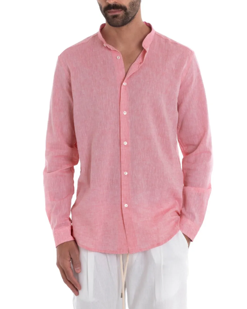 Camicia Uomo Collo Coreano Manica Lunga Regular Fit Lino Melangiata Sartoriale Rosa GIOSAL-C2382A