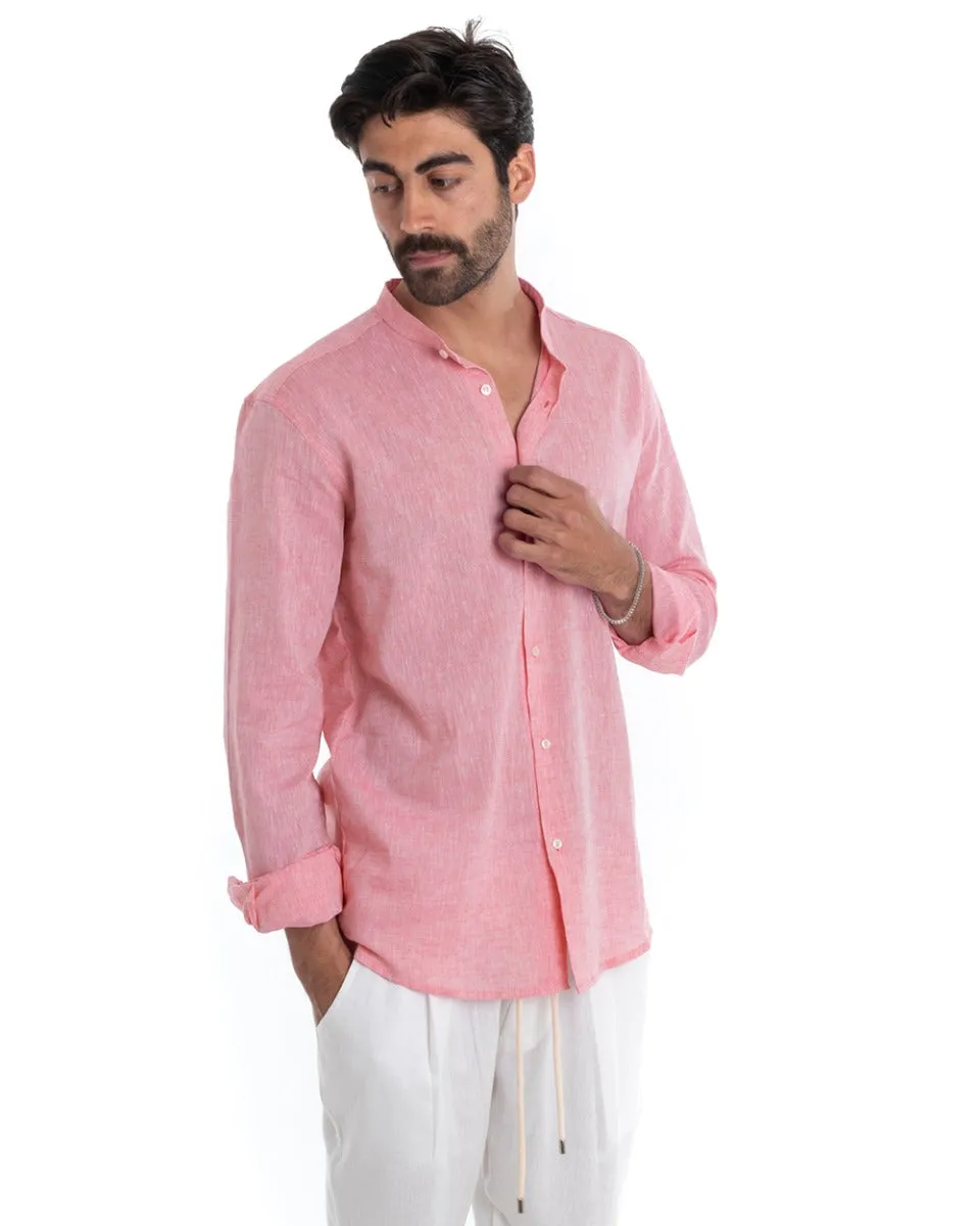 Camicia Uomo Collo Coreano Manica Lunga Regular Fit Lino Melangiata Sartoriale Rosa GIOSAL-C2382A