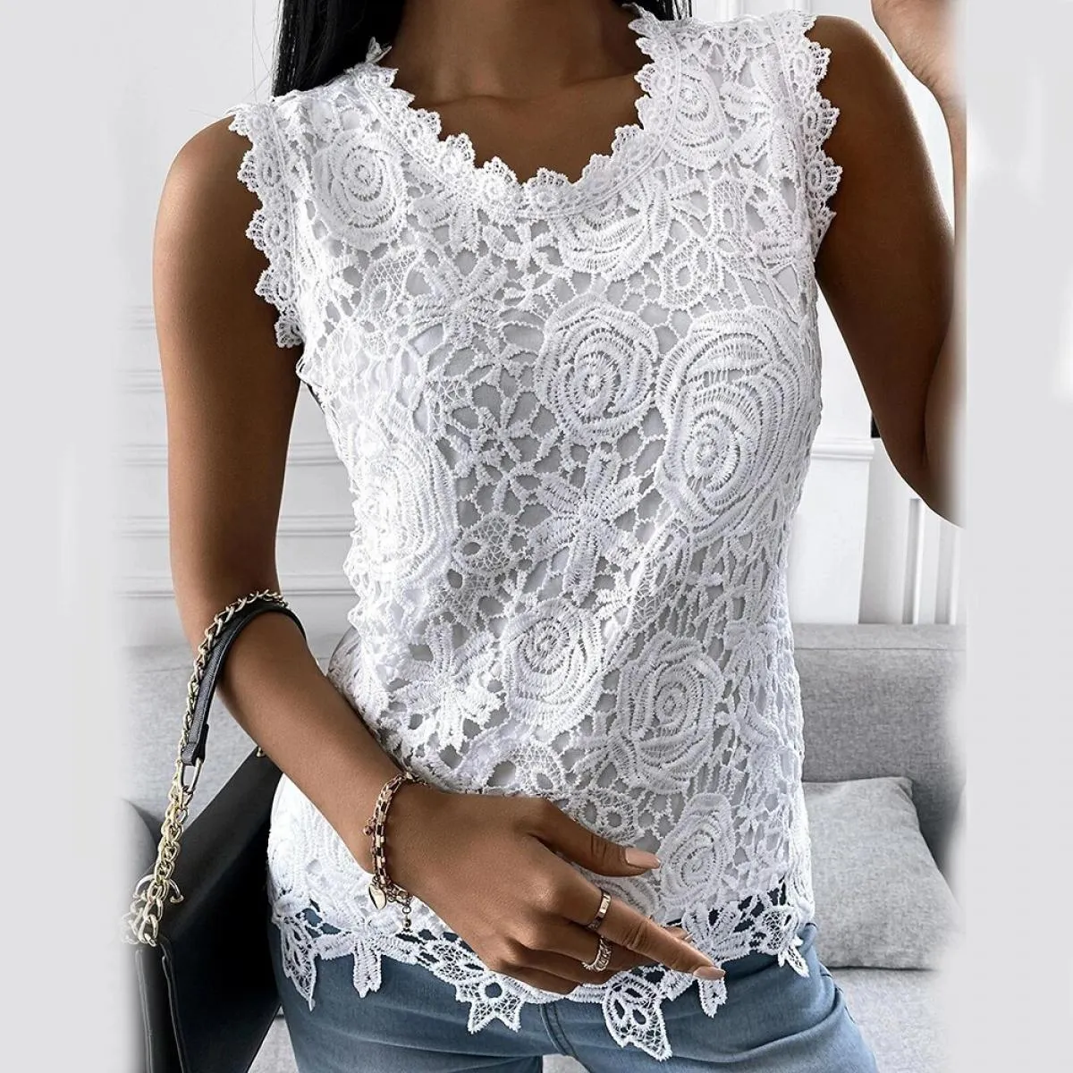 Canotte in pizzo per abbigliamento donna 2024 gilet senza maniche sottile estivo magliette Casual a maniche corte T-shirt pullov