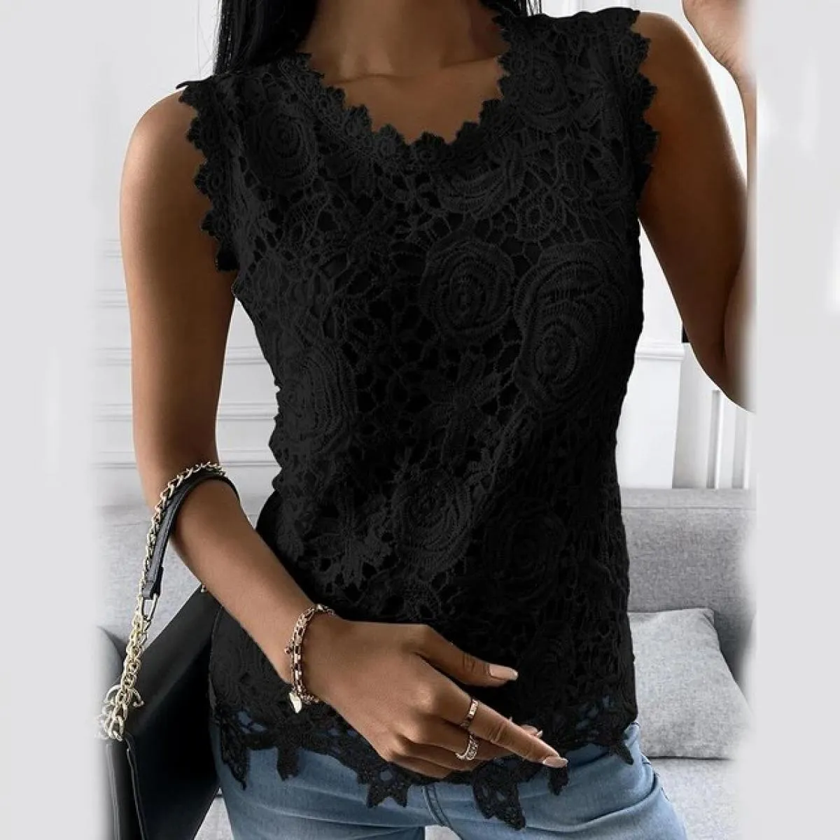 Canotte in pizzo per abbigliamento donna 2024 gilet senza maniche sottile estivo magliette Casual a maniche corte T-shirt pullov