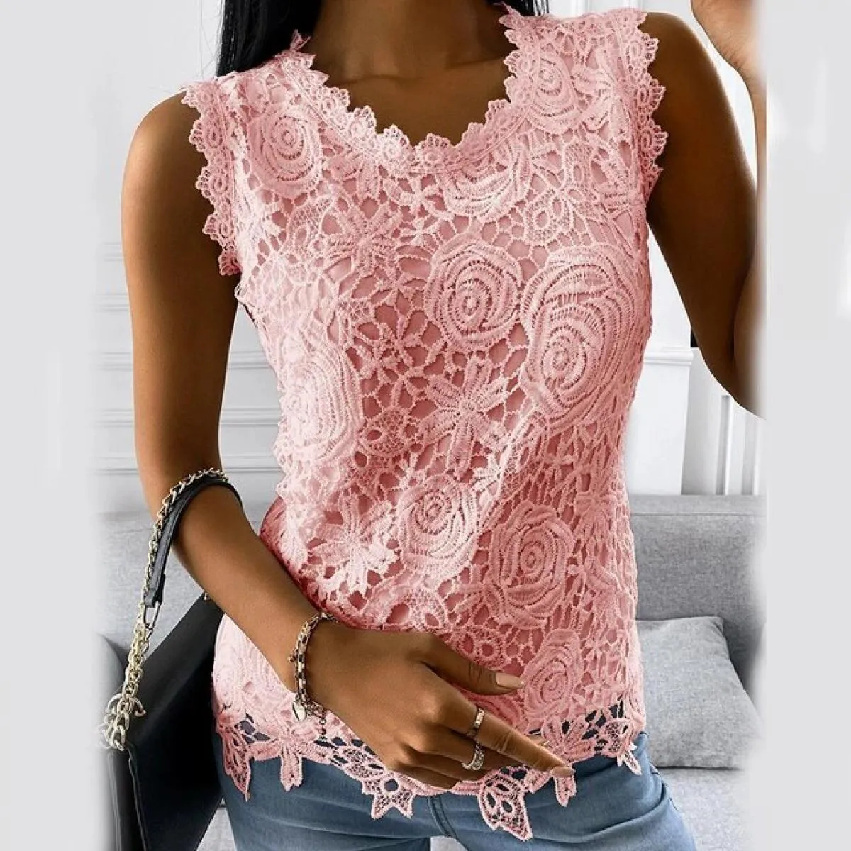 Canotte in pizzo per abbigliamento donna 2024 gilet senza maniche sottile estivo magliette Casual a maniche corte T-shirt pullov