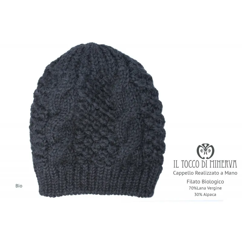 Cappello donna nero in lana biologica Bio - Realizzato a mano
