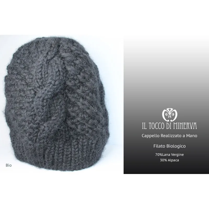 Cappello donna nero in lana biologica Bio - Realizzato a mano