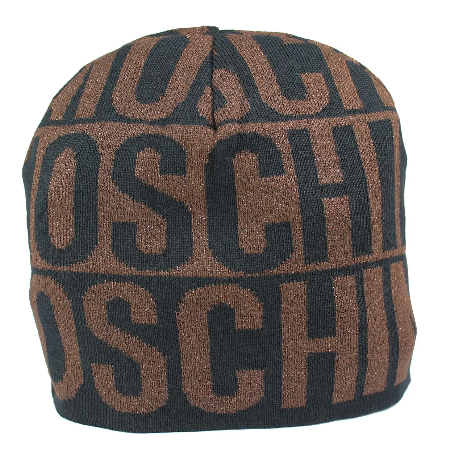 Cappello Moschino – Cuffia in lana nero con logo in lurex bronzo