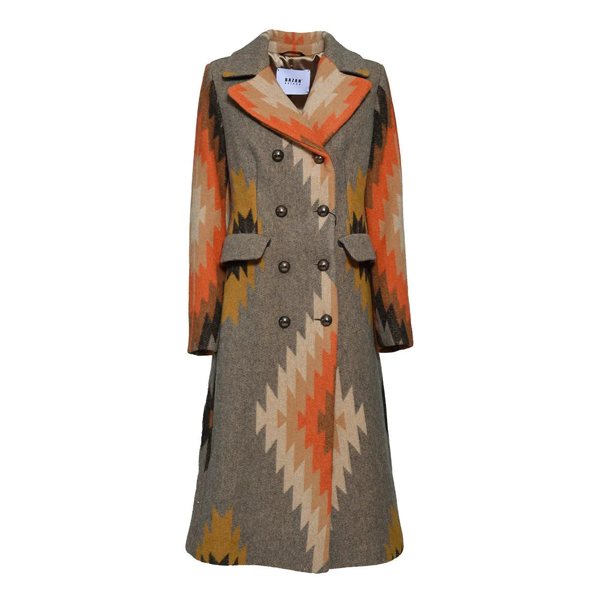 Cappotto doppiopetto in lana multicolore motivo etnico Bazar Deluxe