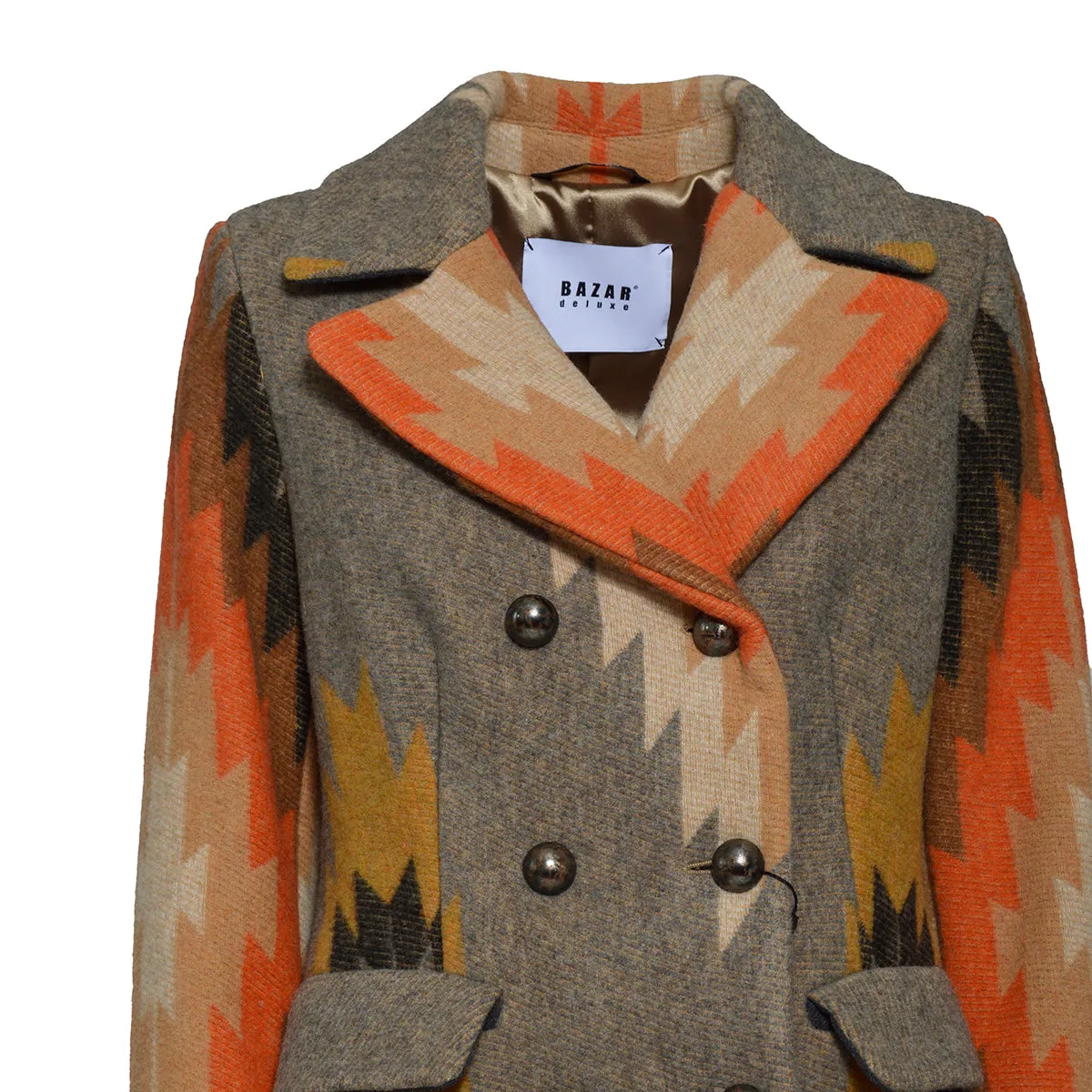 Cappotto doppiopetto in lana multicolore motivo etnico Bazar Deluxe