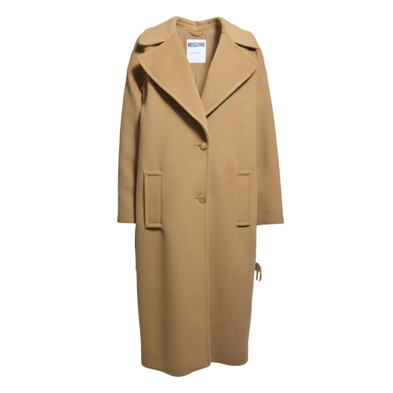 Cappotto lungo in lana cammello con frange Moschino