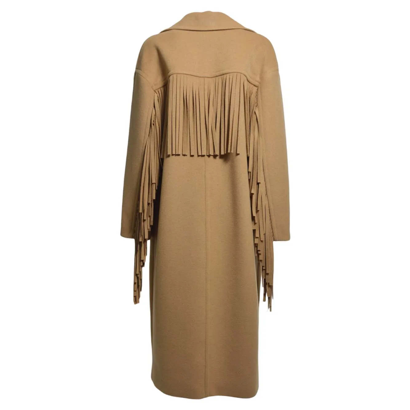 Cappotto lungo in lana cammello con frange Moschino