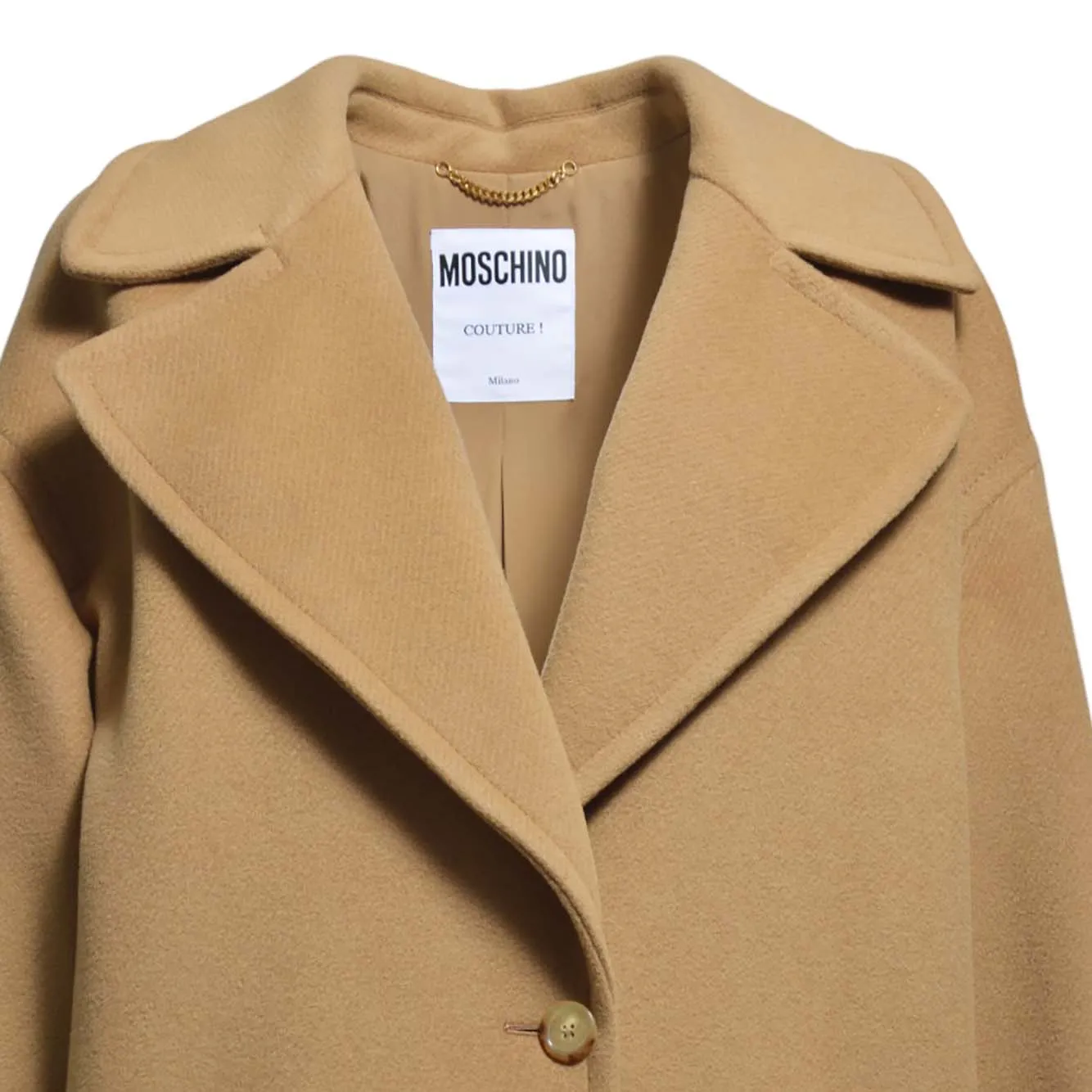 Cappotto lungo in lana cammello con frange Moschino