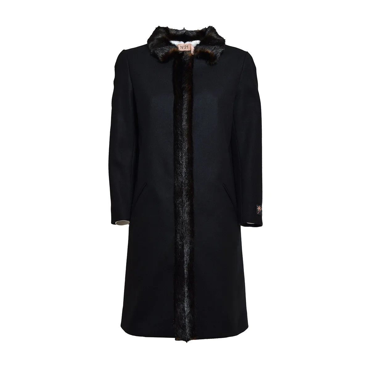 Cappotto lungo in lana nero con bordatura in pelliccia sintetica N°21
