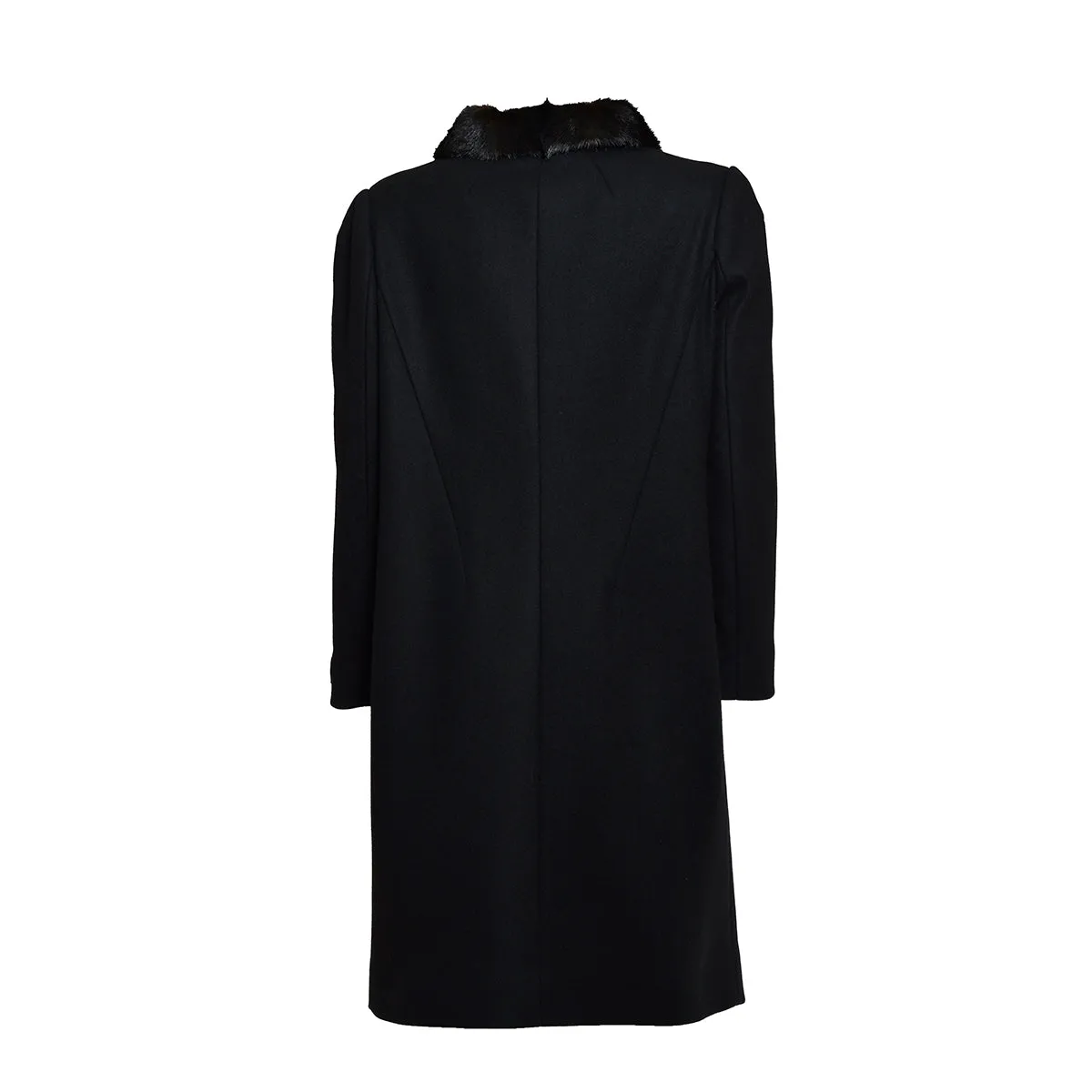 Cappotto lungo in lana nero con bordatura in pelliccia sintetica N°21