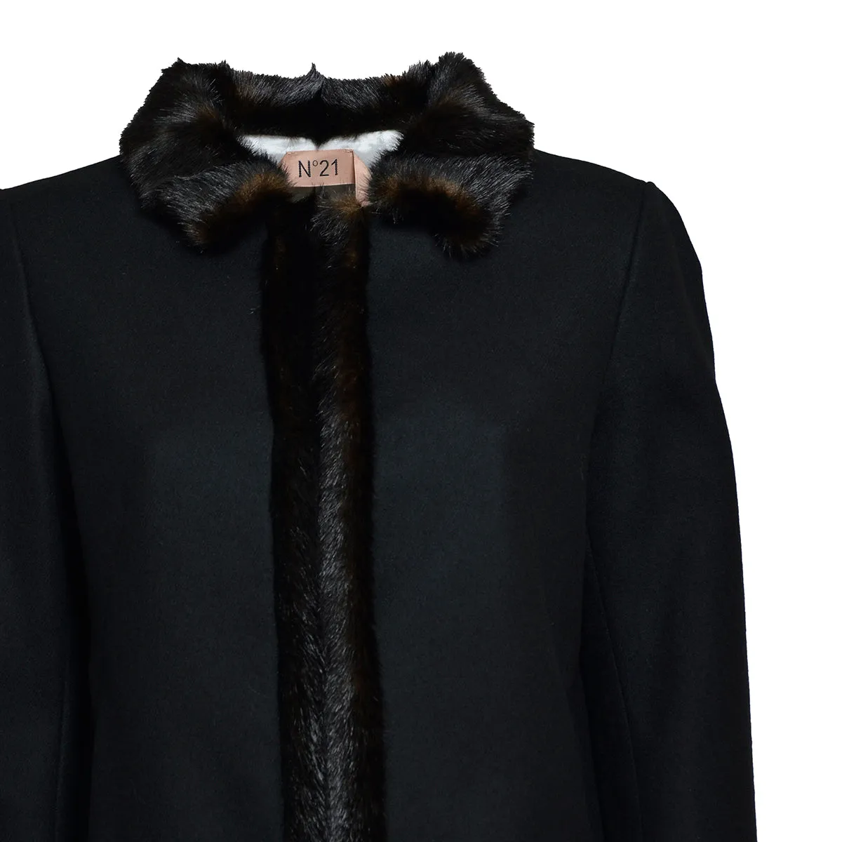 Cappotto lungo in lana nero con bordatura in pelliccia sintetica N°21