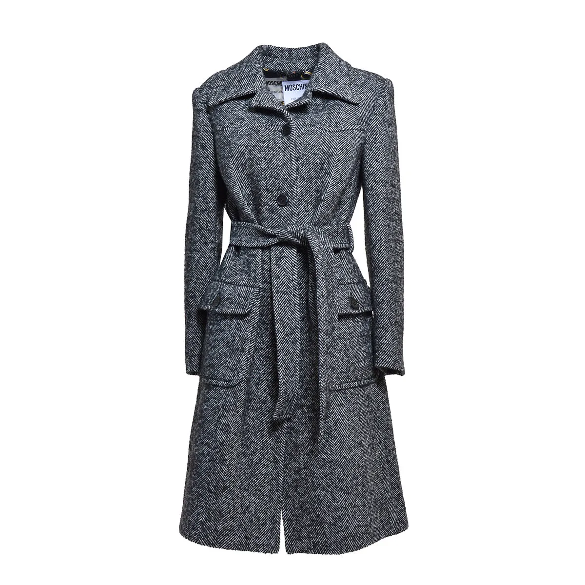 Cappotto monopetto in lana nero motivo spinato Moschino