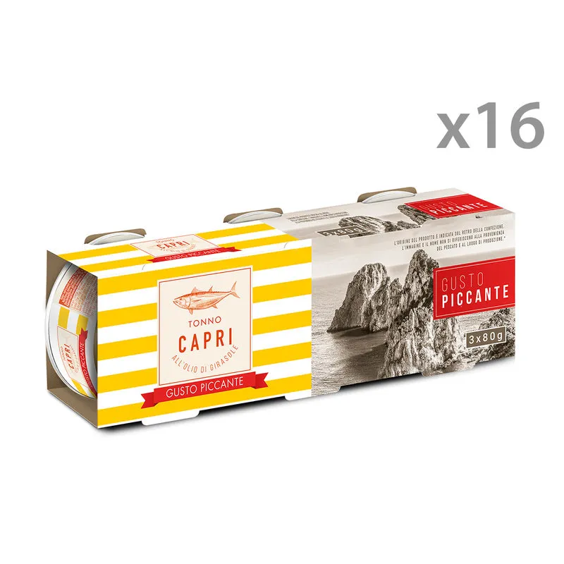 Capri 16 confezioni - Tonno Capri in olio di girasole piccante 3x80 gr