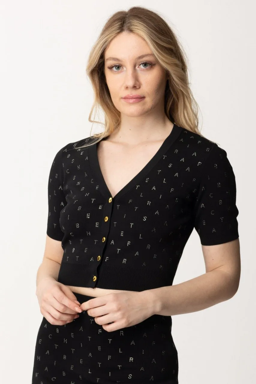 Cardigan crop con strass lettering Nero