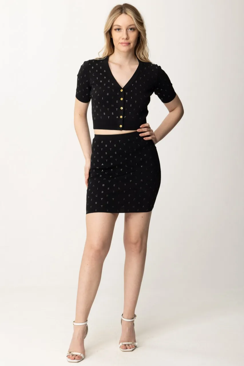 Cardigan crop con strass lettering Nero