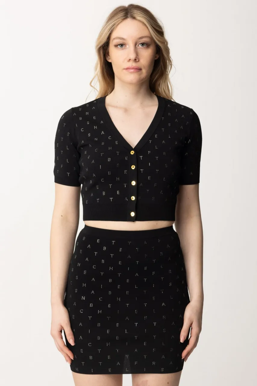 Cardigan crop con strass lettering Nero
