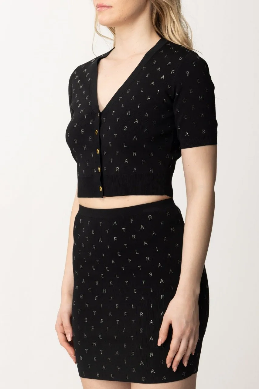 Cardigan crop con strass lettering Nero