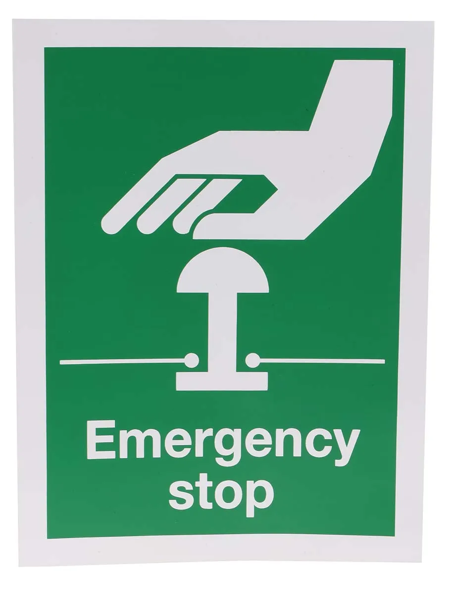 Cartello di condizioni di sicurezza Verde/Bianco RS PRO, Emergency Stop, Inglese Etichetta