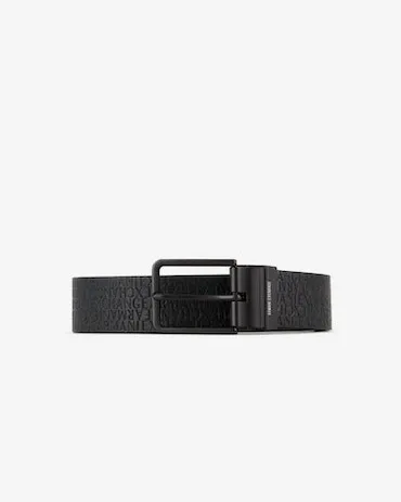 Cintura nera in pelle con logo inciso all over reversibile in grigio