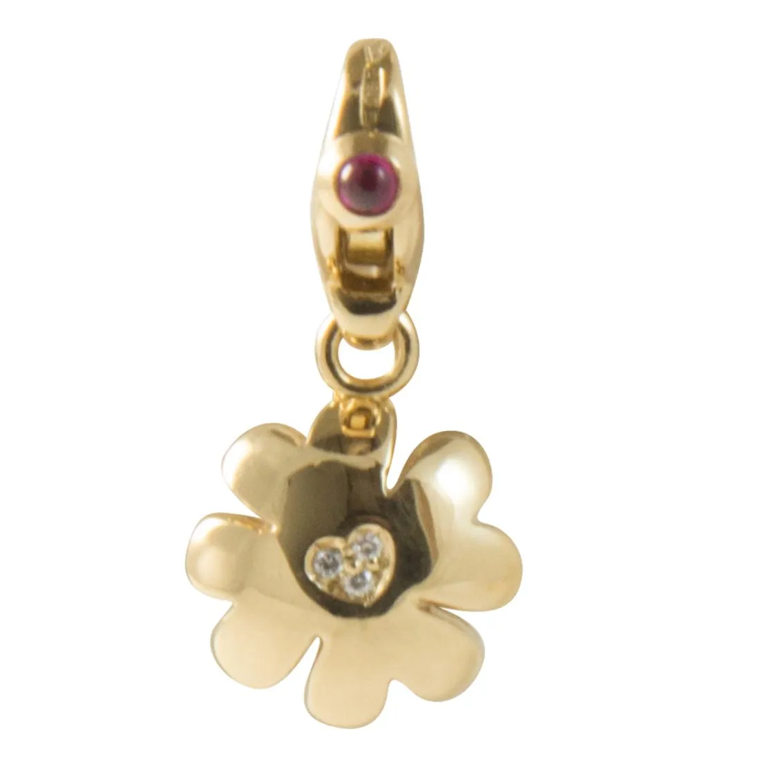 Ciondolo quadrifoglio charm in oro giallo con diamanti ct 0.02 e rubini ct 0.06
