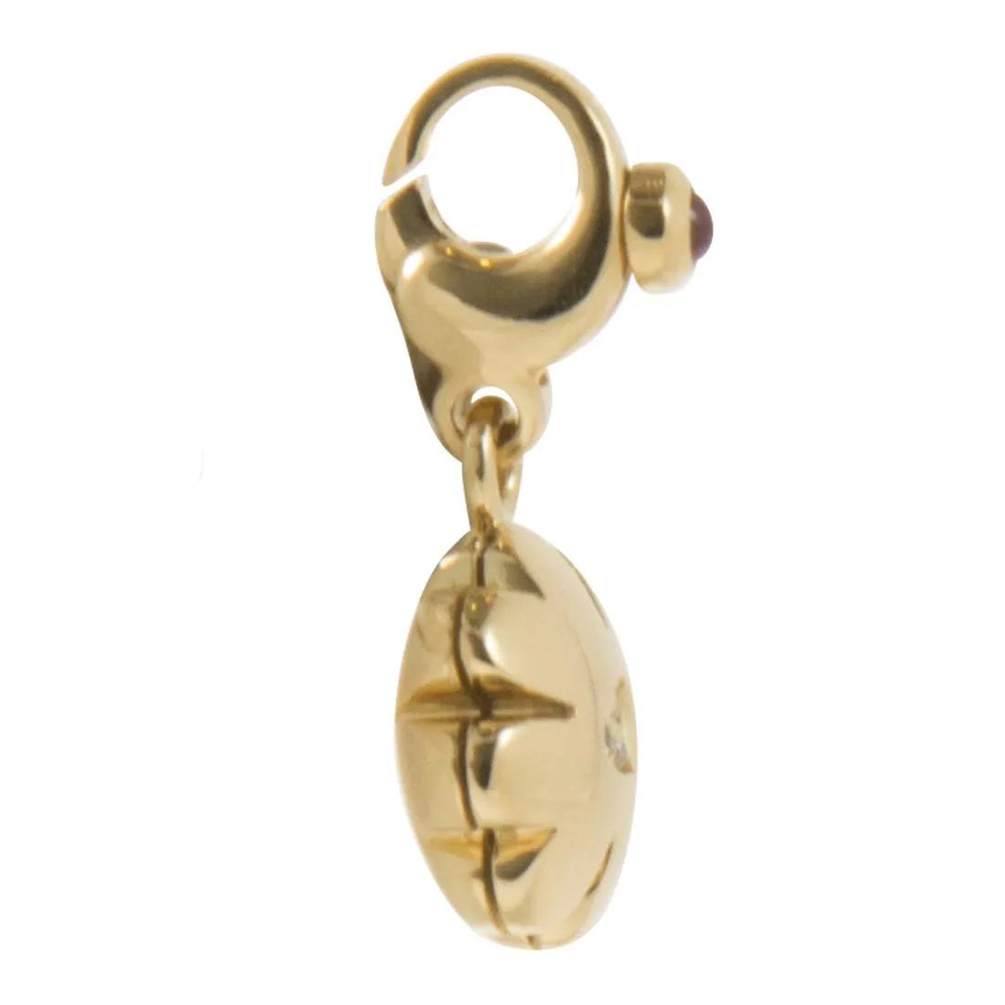 Ciondolo quadrifoglio charm in oro giallo con diamanti ct 0.02 e rubini ct 0.06