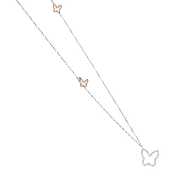 Collana in acciaio rosa con pendente a farfalla di strass    